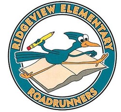 The Ridgeview Elementary Roadrunners logo - a roadrunner leaping over a book